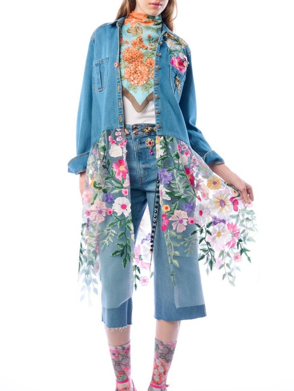 Aratta Celine Maxi Shirt Dress - Denim And Embroidery Florals - Picture 7 of 9